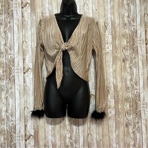 Tan Gold Tie-Front Blouse with Black Cuffs